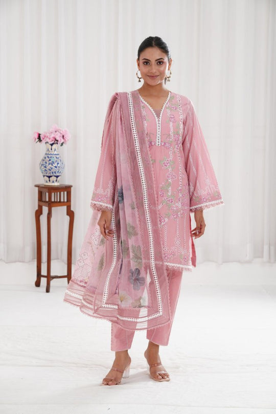 Lawn-3PC Chikankari Embroidered With Digital Printed Jacquard Dupatta-5159